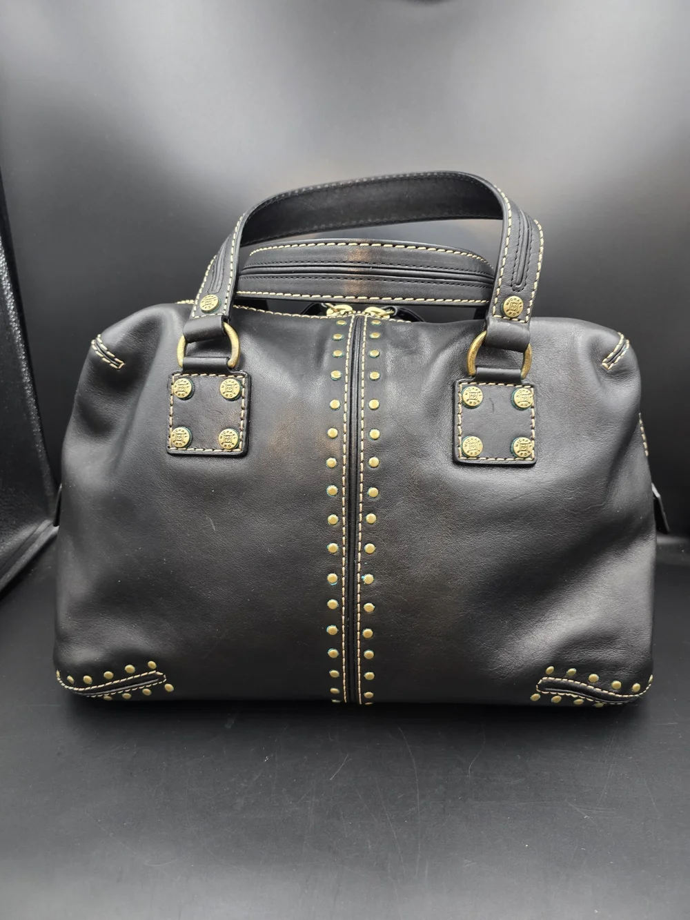 Michael Kors Black Leather Stud-Accent Satchel with Gold Hardware